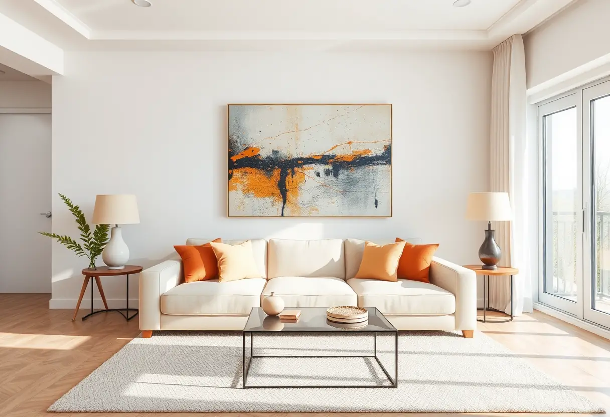 Un canapé blanc devant une peinture abstraite moderne dans une pièce ensoleillée
