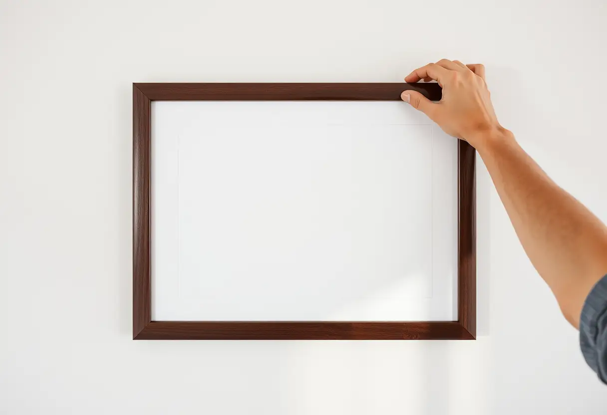 Une main posant un tableau moderne minimaliste sur un mur