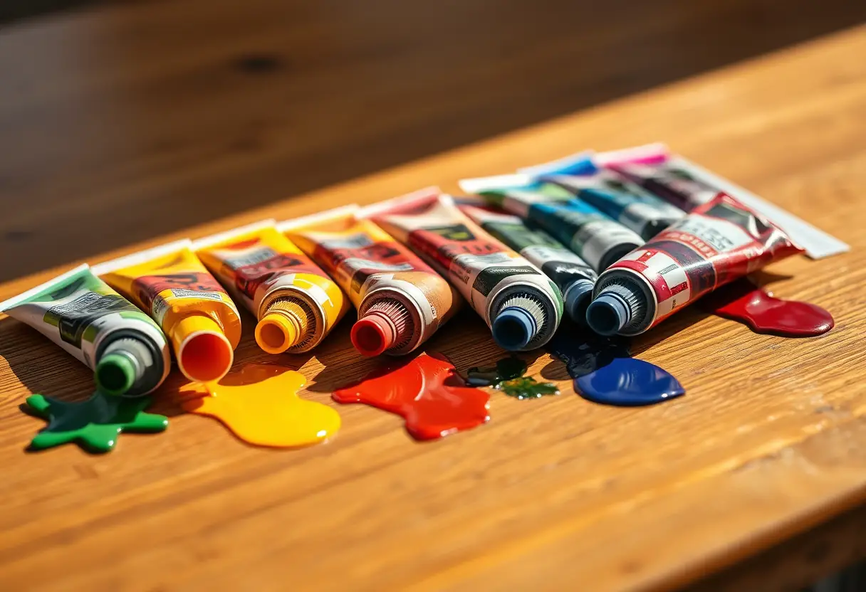 Des tubes de peinture ouverts sur un bureau en bois, déversant leurs teintes riches et capturant la lumière naturelle
