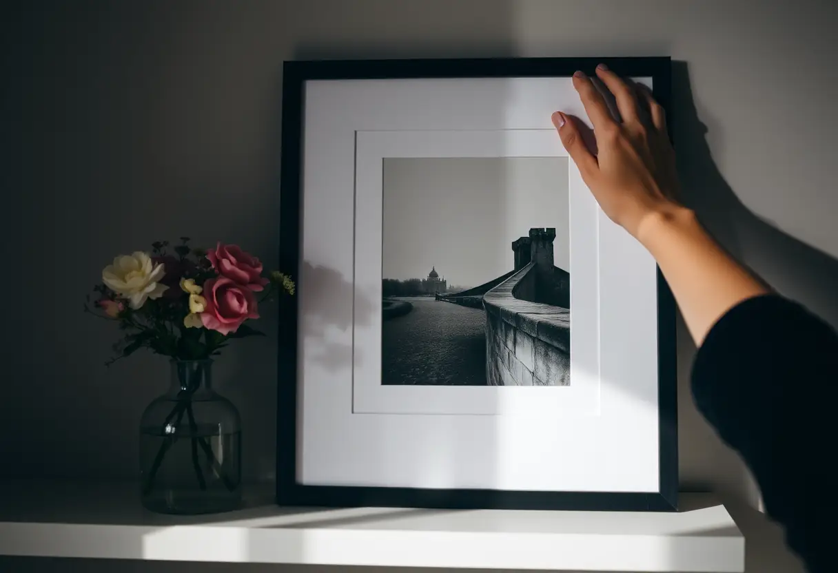 Main placant une photographie encadrée sur une étagère