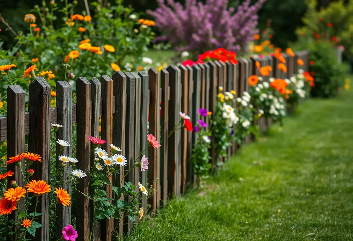 Clôture en bois entourant un jardin avec des fleurs colorées qui évoquent les tableaux de pique-nique
