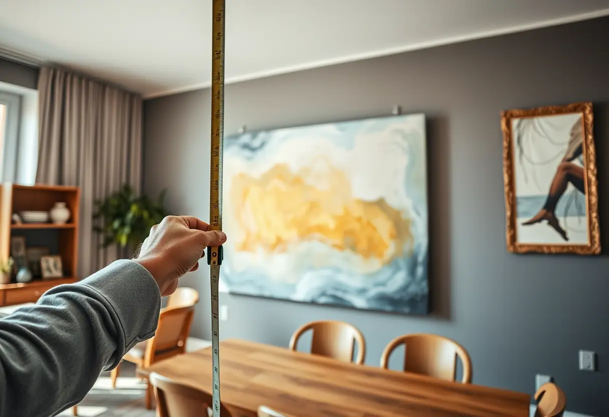 Une main d'artiste mesurant les dimensions d'un mur dans une salle à manger