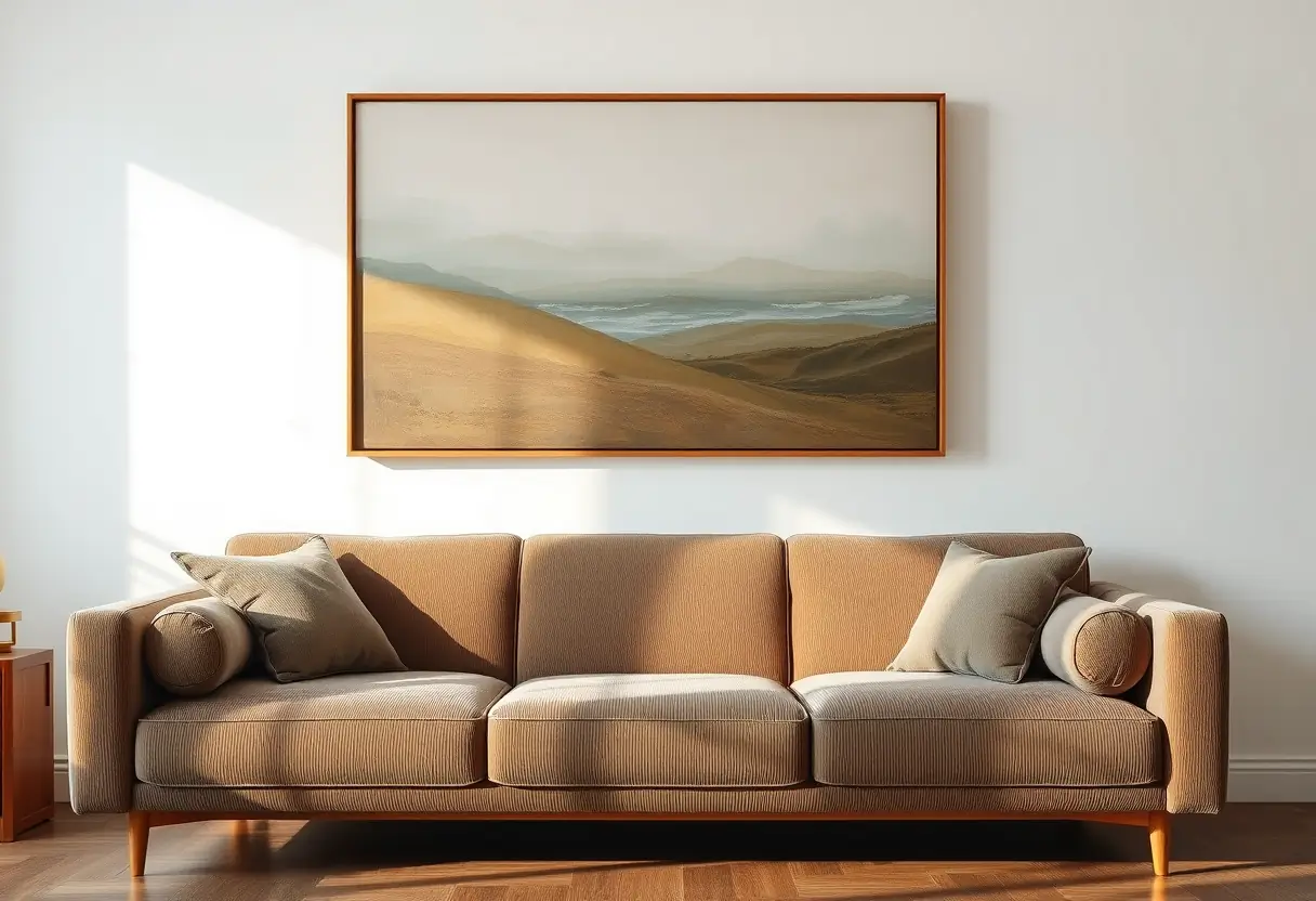 Un canapé en velours placé sous un tableau aux couleurs subtiles