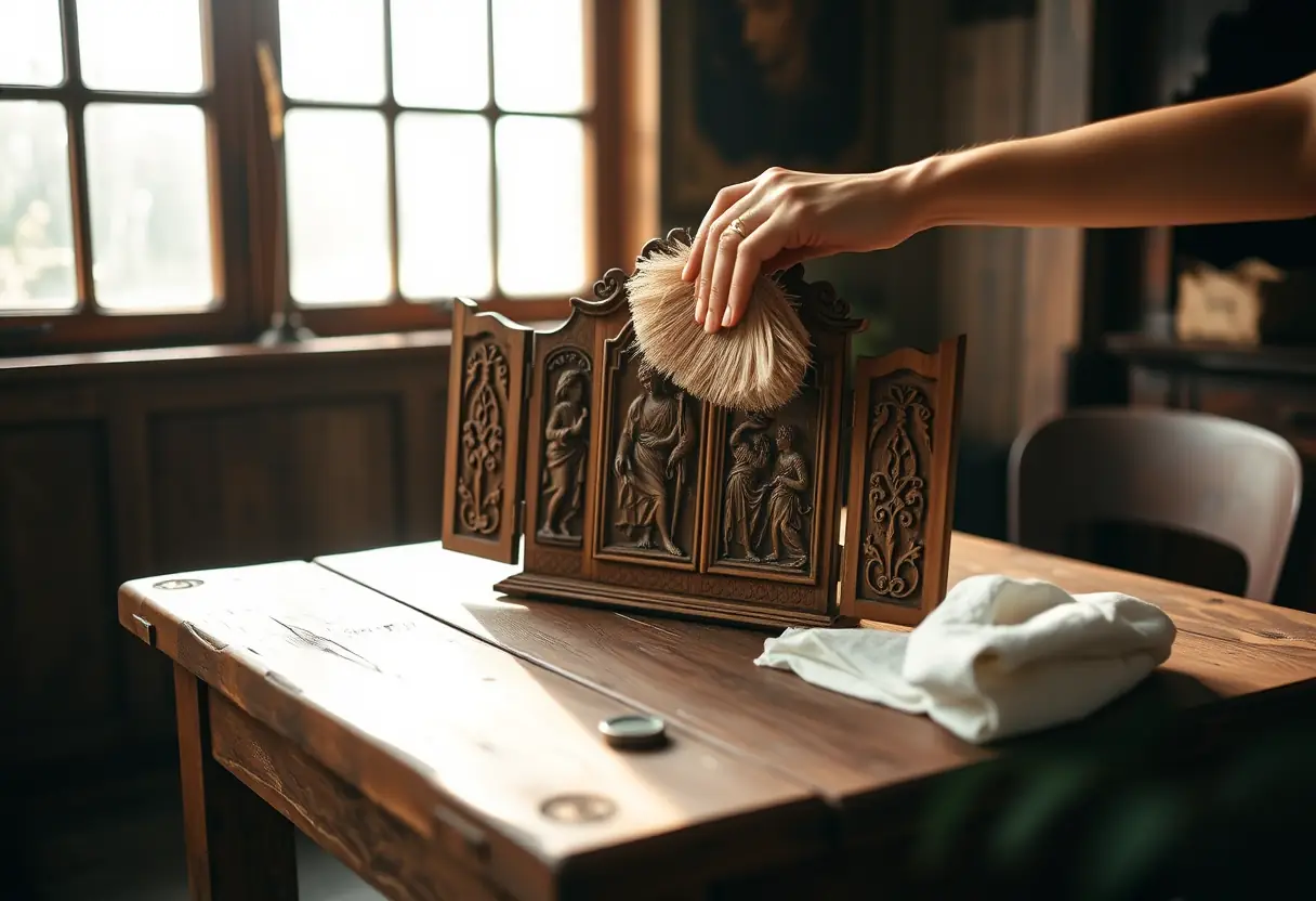 Main levant soigneusement un triptyque en bois sur une table rustique
