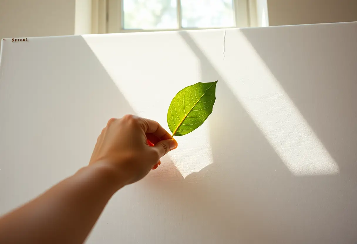 Une main posant délicatement une feuille verte sur un grand tableau non fini sous la lumière du jour