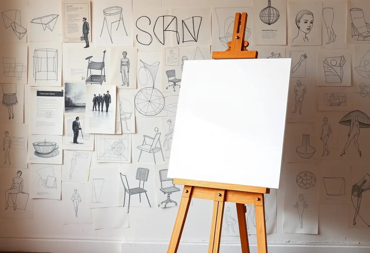Palette d'un peintre avec des esquisses sur fond mural