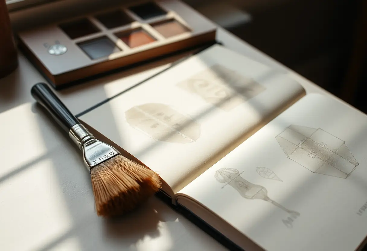 Un pinceau posé près d'un cahier de croquis rempli d'études sur la lumière et les ombres, illustrant la détermination des artistes