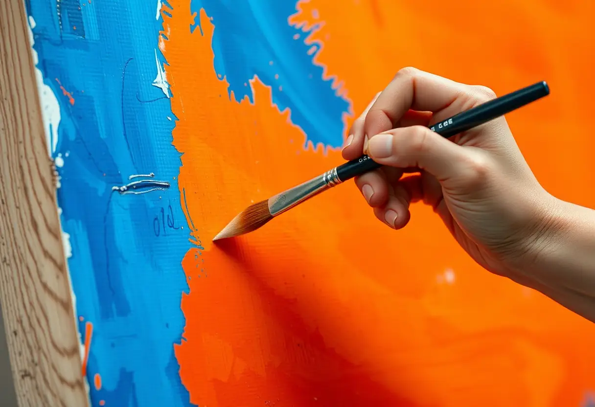 Main d'artiste peignant un tableau moderne avec des tons vifs